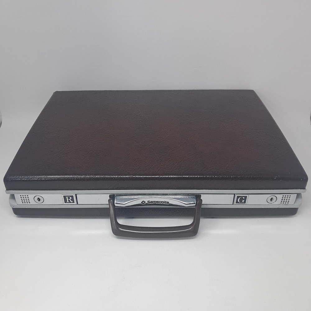 Vintage Samsonite Hard Shell Slim Briefcase Brown Textured Faux Leather w/ Keys